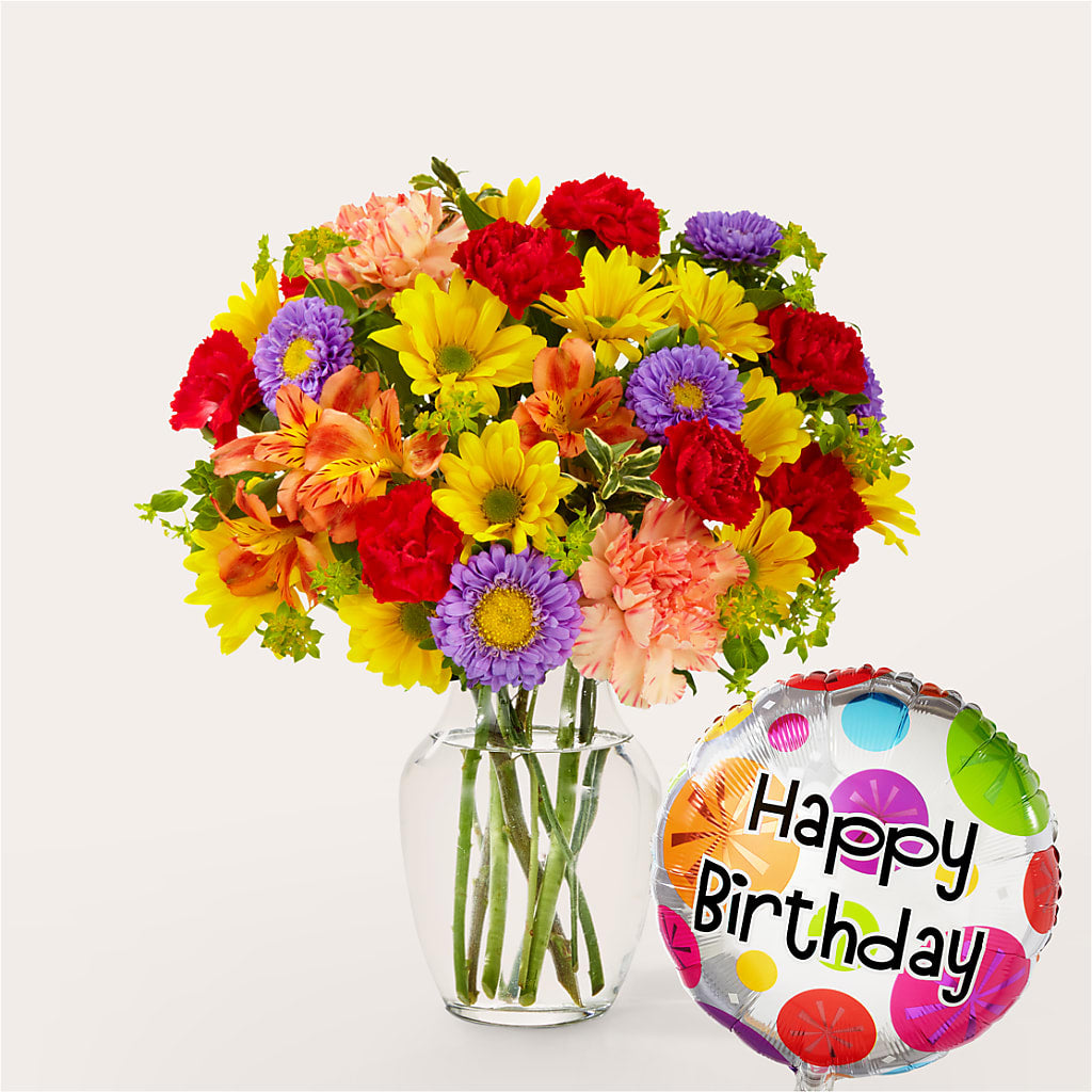 Kaleidoscope Bouquet with Birthday Balloon – Henderson Florist, Lebanon TN