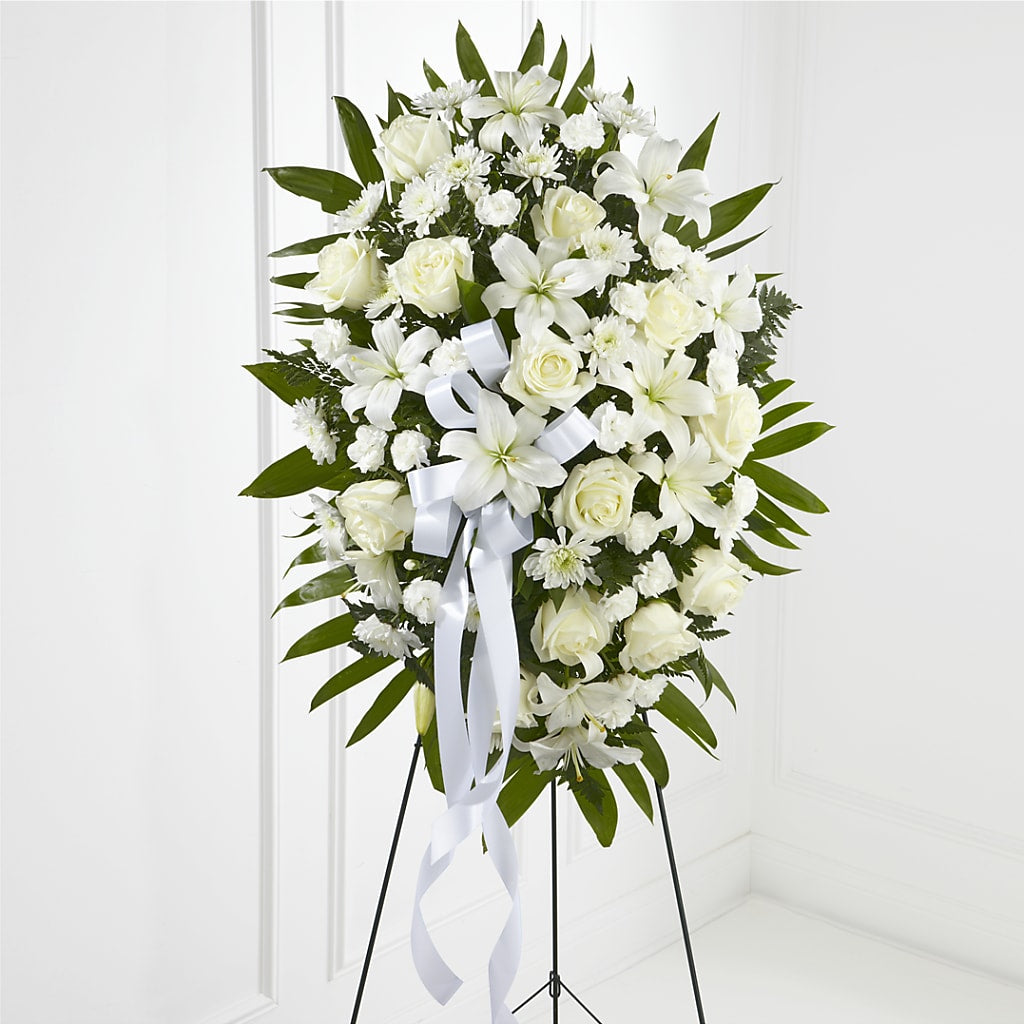 Exquisite Tribute Standing Spray-White Ribbon – Henderson Florist, Lebanon TN