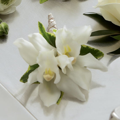 White Mini Cymbidium Boutonniere –  Henderson Florist, Lebanon TN